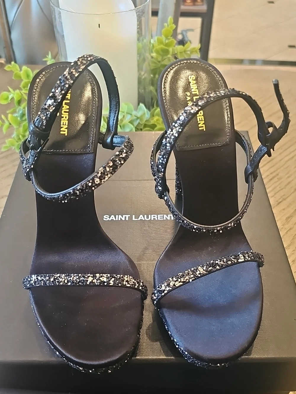 Saint Laurent Black Glitter Platform High Heel Sandals Size 38 NWT - Picture 11 of 15